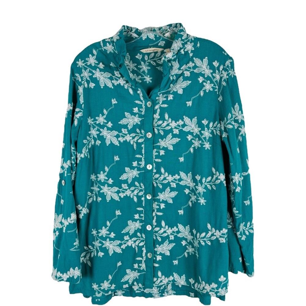 Soft Surroundings blue white embroidered floral linen button front top large